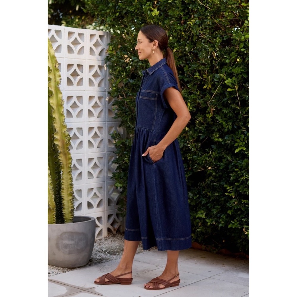 MAYE Harper Denim Dress Indigo Blue Midi Short Sleeve Button Front Relaxed 2X - Picture 6 of 7